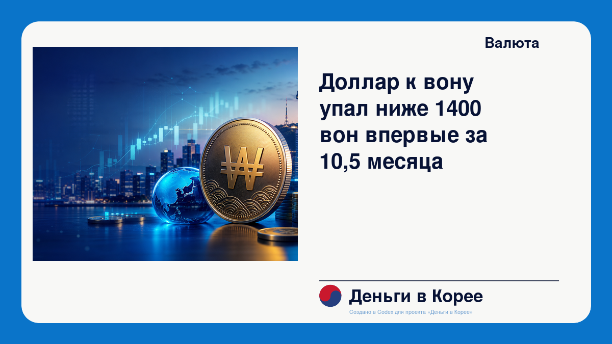 Доллар к вону упал ниже 1400 вон впервые за 10,5 месяца